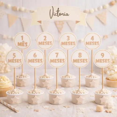 Kit 12 Topos Bolo Mesversário Personalizado Bege