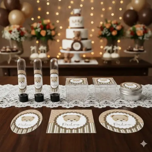 Kit Festa Personalizada Ursinho Bege e Marrom (45 Itens)