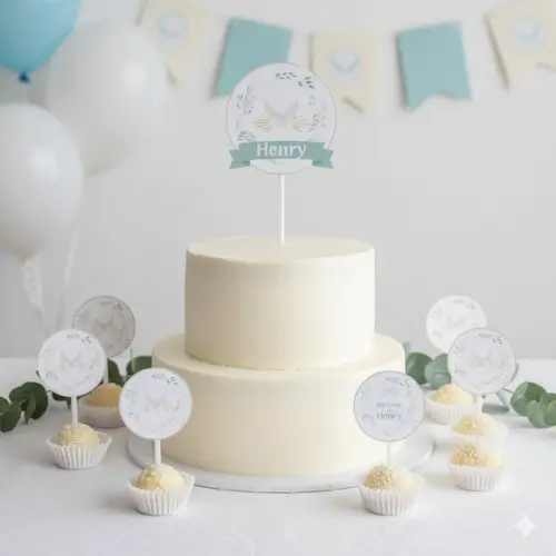 Topo de Bolo Personalizado Batizado Clean com Topper Docinho