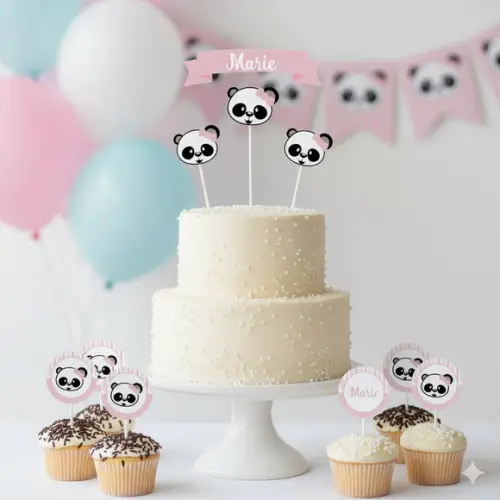 Topo de Bolo Personalizado Panda Rosa com Topper Docinho