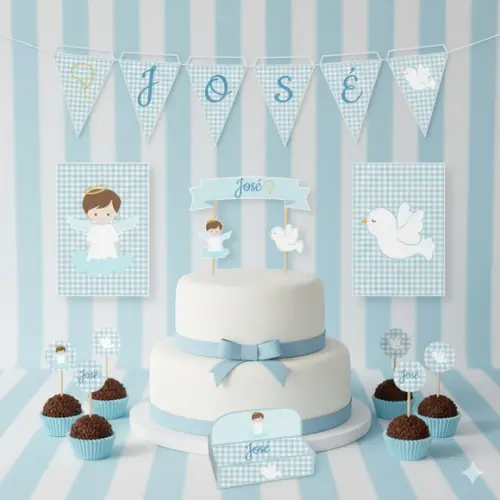 Kit Festa Personalizada Batizado Azul - 39 Peças