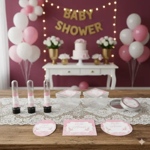 Kit Personalizado Latinha, Tubete, Caixa Chá de Bebê Menina