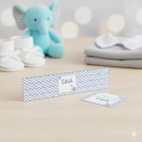 Rótulo Água Personalizado Elefantinho Azul e Cinza com Tag
