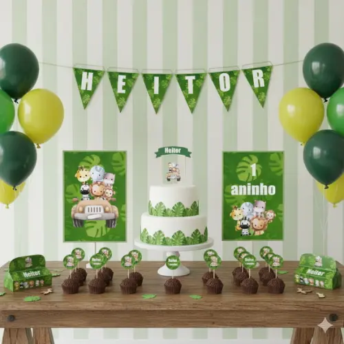Kit Festa Personalizada Safari Aquarela - 39 Itens