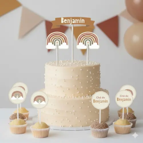 Topo de Bolo Personalizado Arco-íris Boho com Topper Docinho