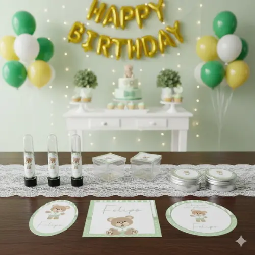Kit Personalizado Latinha, Tubete, Caixinha Ursinho Verde