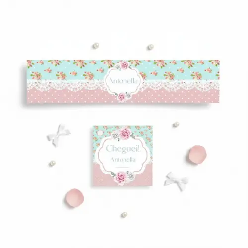 Rótulo Água Personalizado Floral Rosa e Azul com Tag