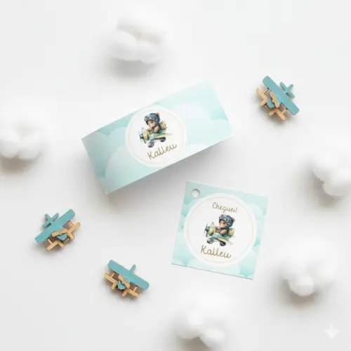 Rótulo Água Personalizado Ursinho Aviador com Tag