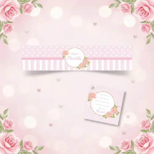 Rótulo Água Personalizado Floral Rosa e Branco com Tag
