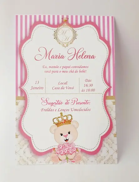 Convite Impresso Personalizado Chá de Bebê Ursinha Princesa