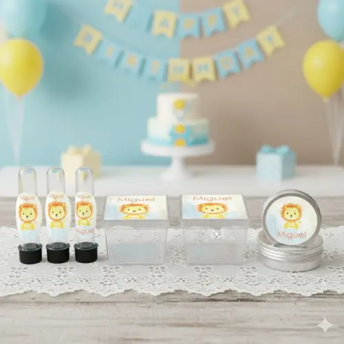 Kit Personalizado Latinha, Tubete, Caixa Acrílica Leãozinho