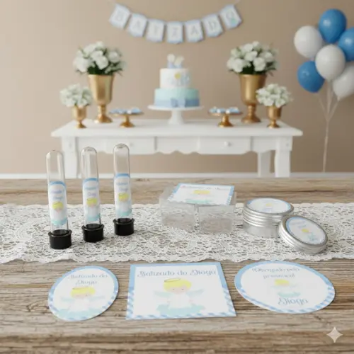 Kit Personalizado Latinha, Tubete, Caixinha Batizado Azul