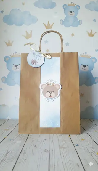 Sacolinha Kraft Personalizada Ursinho Príncipe com Tag