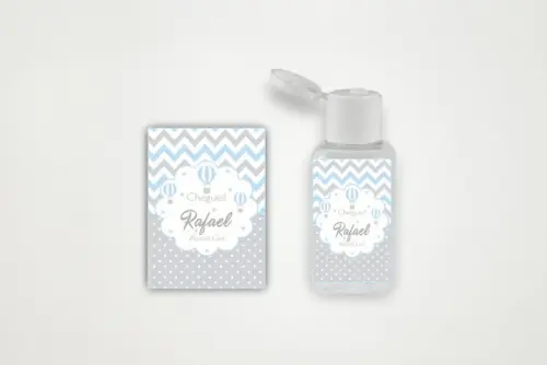 Rótulo Personalizado Álcool Gel Balão Azul, Branco e Cinza