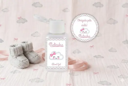 Rótulo Personalizado Álcool Gel Nuvem Rosa e Tag