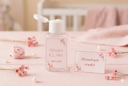 Rótulo Personalizado Álcool Gel Floral Rosa e Tag