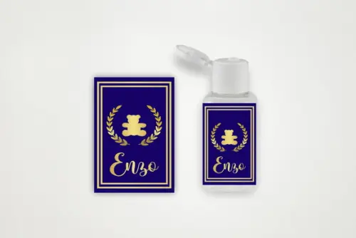 Adesivo Personalizado Frasco Álcool Ursinho Azul e Dourado