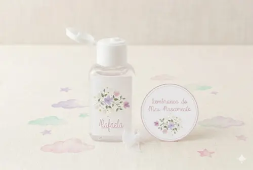 Etiqueta Personalizada Álcool Gel Floral Rosa e Lilás e Tag