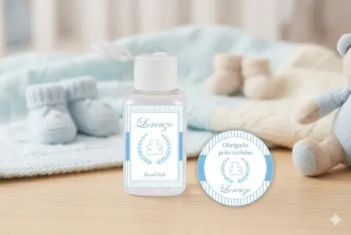 Rótulo Personalizado Álcool Gel Ursinho Azul e Branco e Tag