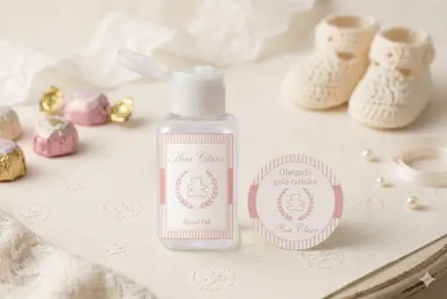 Rótulo Personalizado Álcool Gel Ursinha Rosa e Branco e Tag