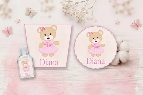 Rótulo Personalizado Álcool Gel Ursinha Rosa e Tag