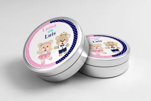 Adesivo Personalizado Latinha Ursinhos Rosa e Azul Escuro