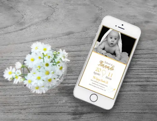 Convite Digital Personalizado Batizado Dourado com Foto