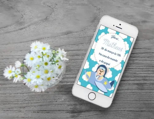Convite Digital Personalizado Chá de Bebê Ursinho Aviador