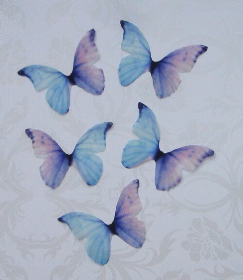 Borboletas em Organza - 05 un - Azul e Roxa - 5,0 x 3,5 Cm.