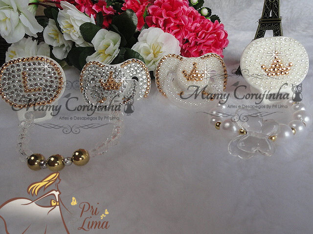 Chupeta Luxo + Prendedor para Bebê ou Boneca Reborn  Prata