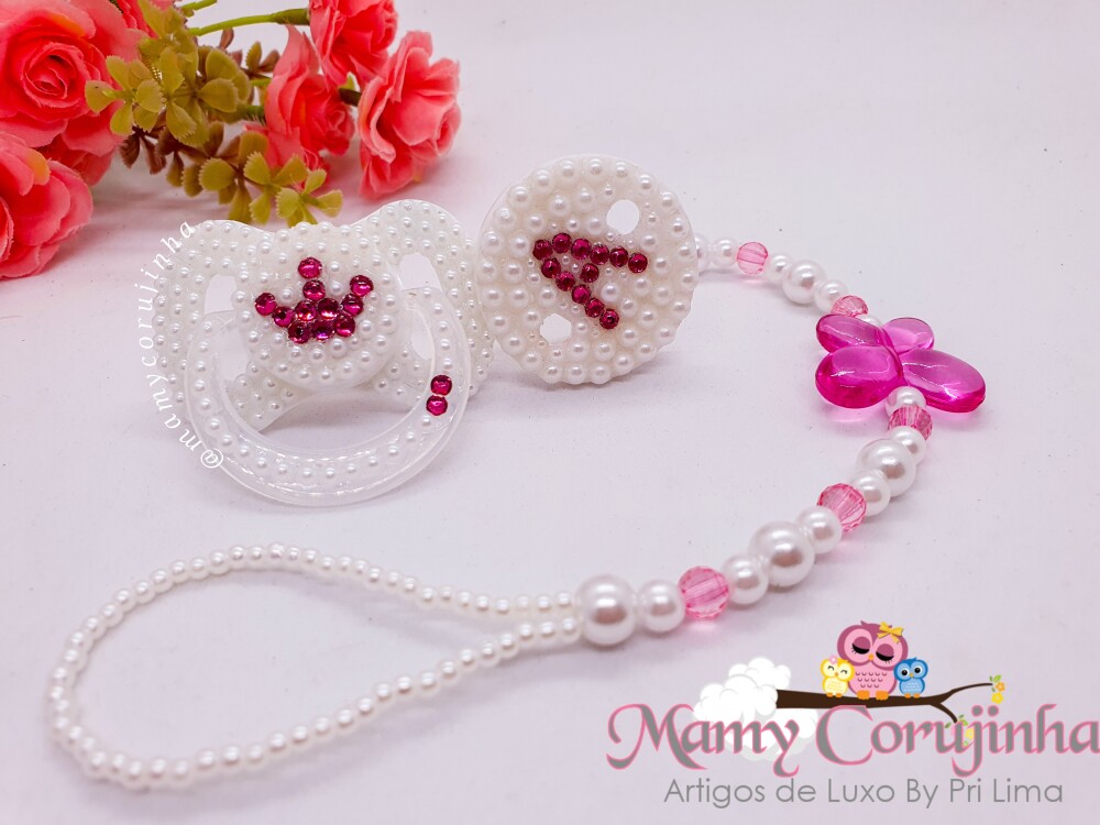 Chupeta Luxo + Prendedor para Bebê ou Boneca Reborn  Pink com br