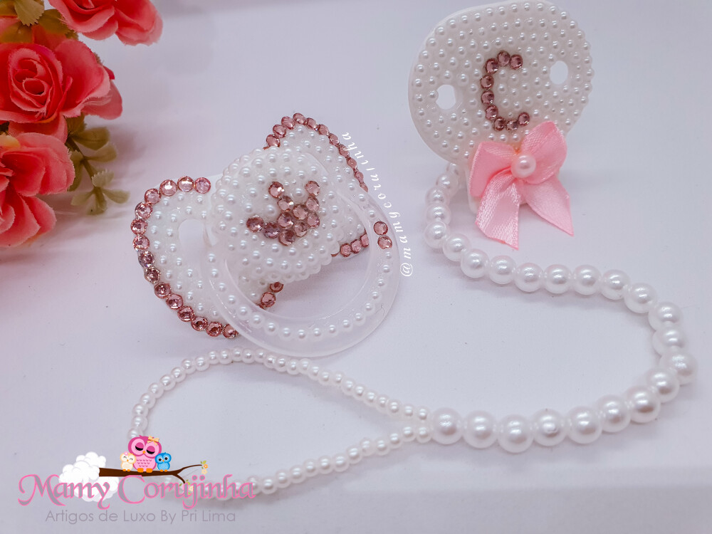 Chupeta Luxo + Prendedor para Bebê C rosa clean com branco