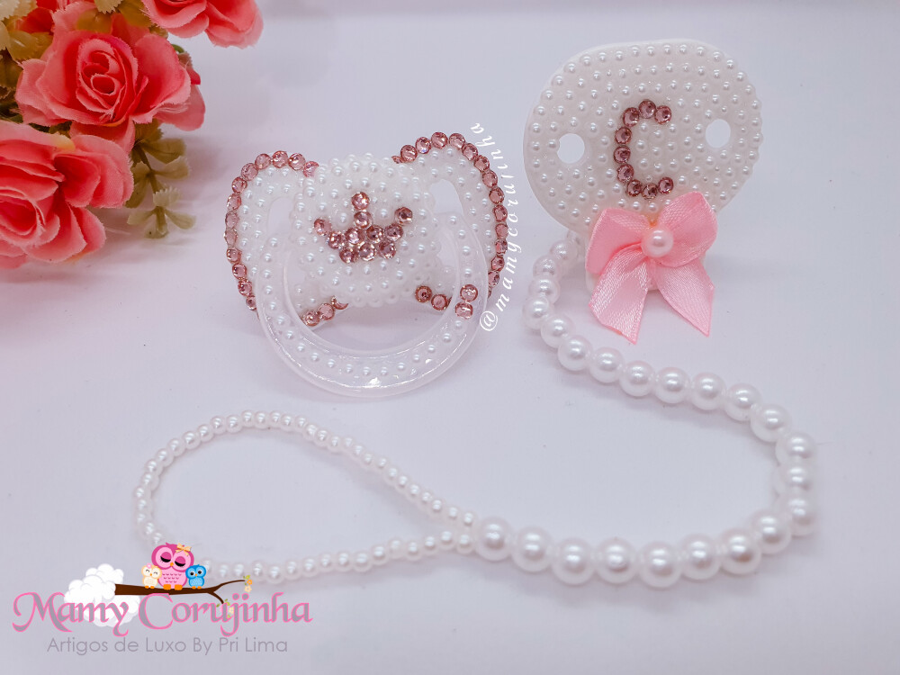 Chupeta Luxo + Prendedor para Bebê C rosa clean com branco