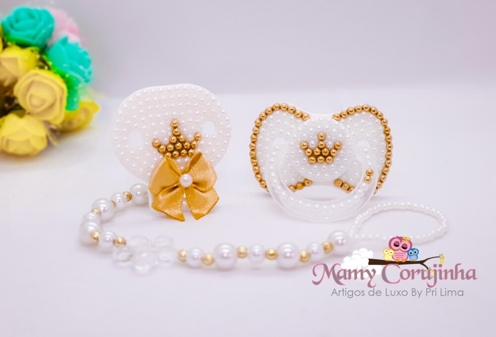 Chupeta Luxo + Prendedor para Bebê Princess dourado