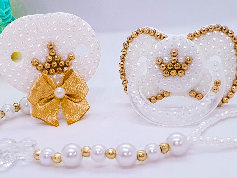 Chupeta Luxo + Prendedor para Bebê Princess dourado
