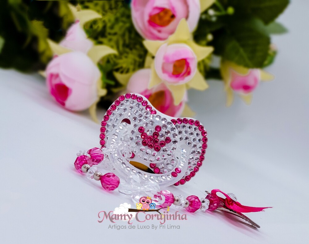 Chupeta em pérolas com prendedor simples fixo- Pink com strass p
