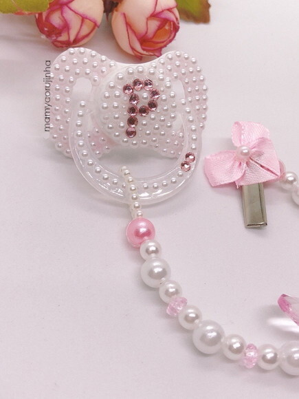 Chupeta Luxo P em strass rosa bebe