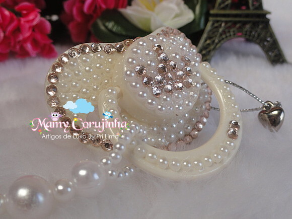 Chupeta perola branca e strass rosa bebe clean