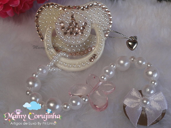 Chupeta perola branca e strass rosa bebe clean