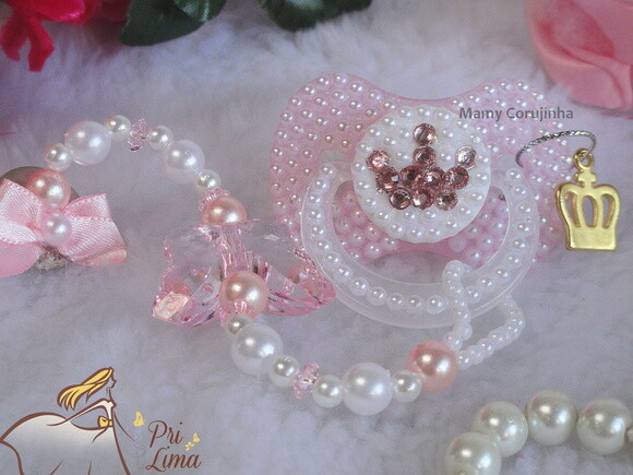 Chupeta Perola com coroa rosa bebe