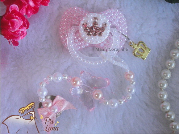 Chupeta Perola com coroa rosa bebe