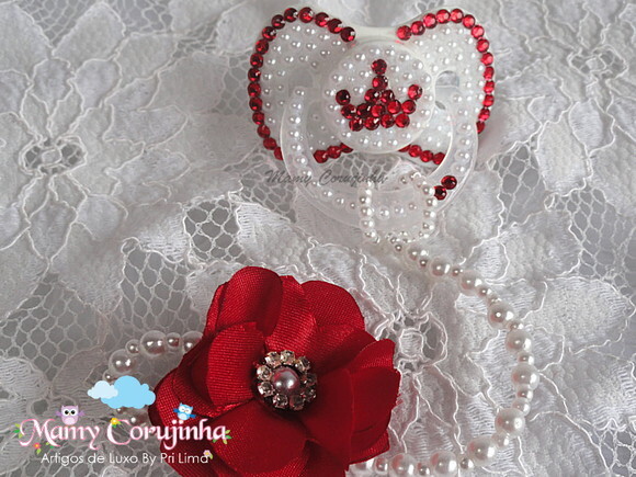 KIT Chupeta Lillo Princess vermelho + prendedor Luxo flor
