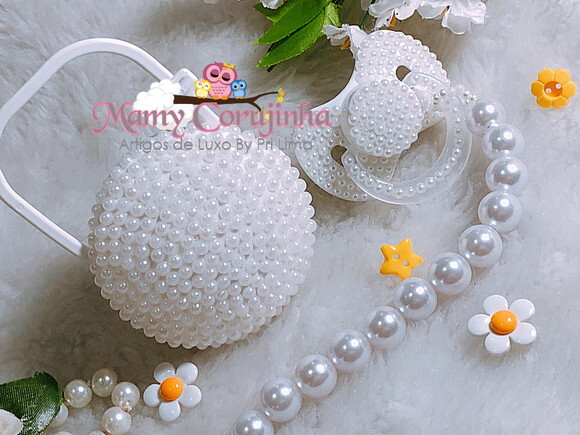 Kit Chupeta Pérolas + Porta Chupeta + Prendedor