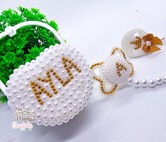 Kit Chupeta Pérolas + Porta Chupeta + Prendedor Dourado