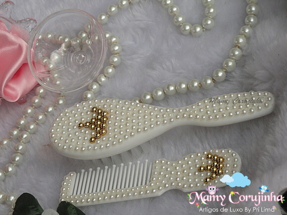 Kit escova + pente coroa perola marfim