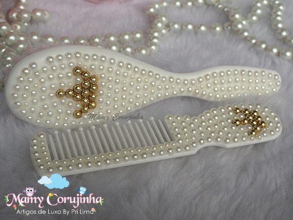 Kit escova + pente coroa perola marfim