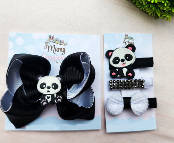 Kit Laço e Hair Clips Panda