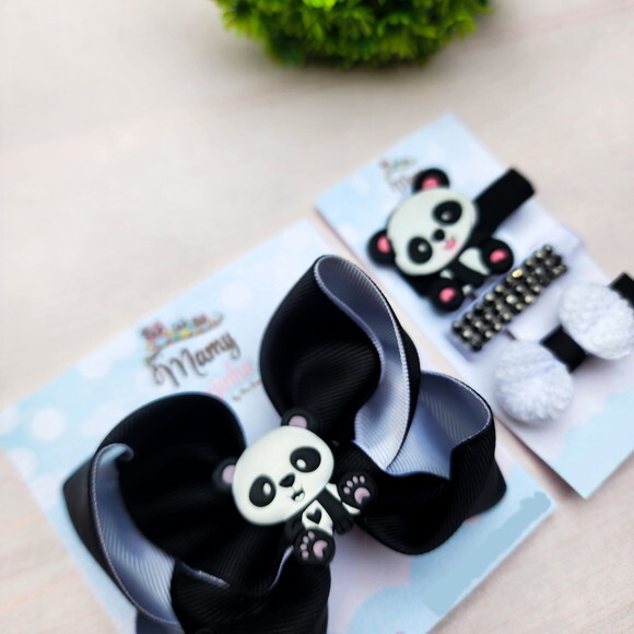 Kit Laço e Hair Clips Panda