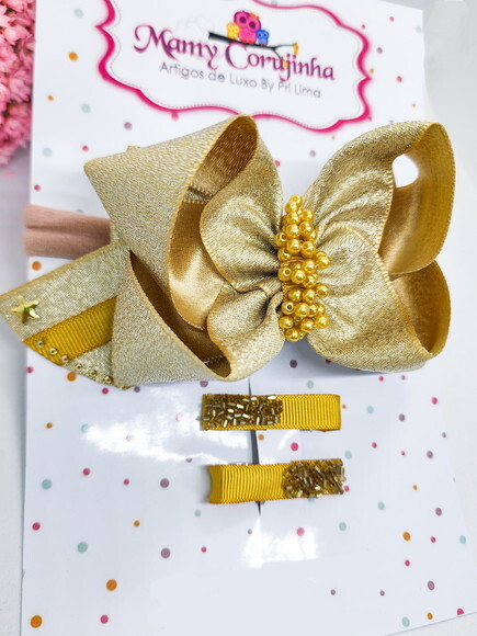 Kit Laço Luxo Dourado + Hair Clips