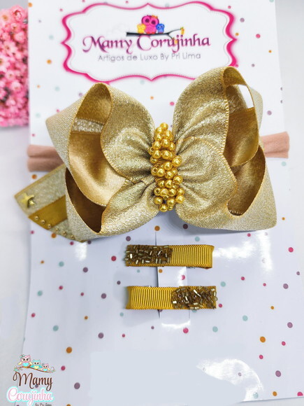 Kit Laço Luxo Dourado + Hair Clips